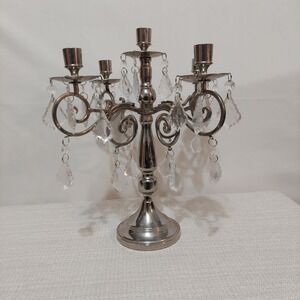 Elegant 5-Light Silver Crystal Candelabra, Dinner / Holiday Centerpiece 14"